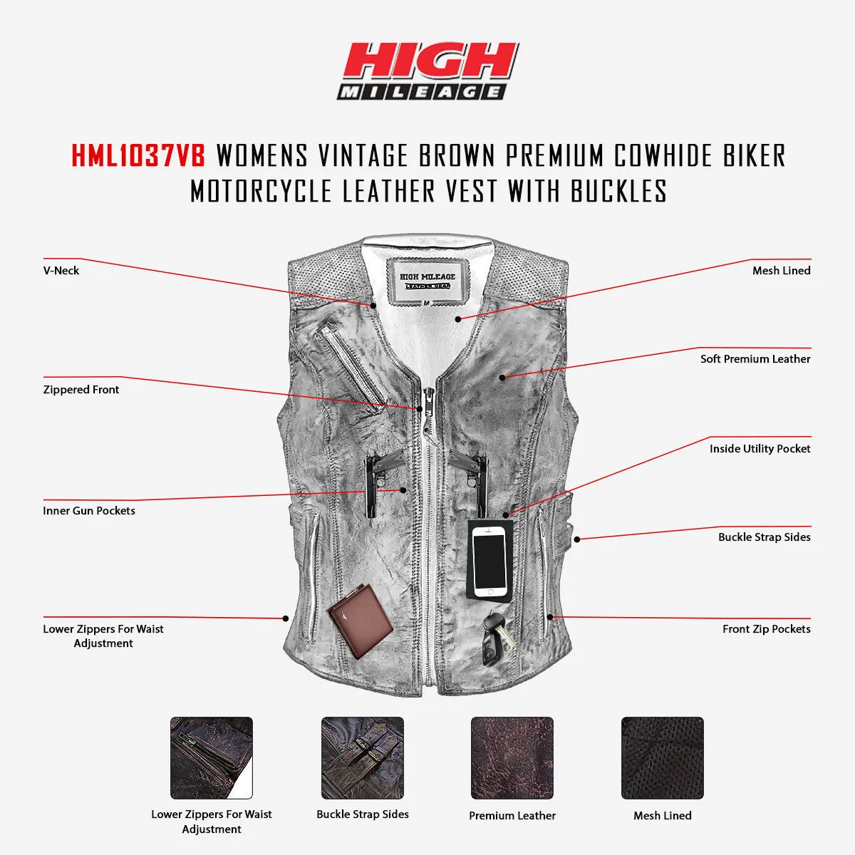 High Mileage Womens Vintage Brown Premium Cowhide Biker Motorcycle Leather Vest With Buckles