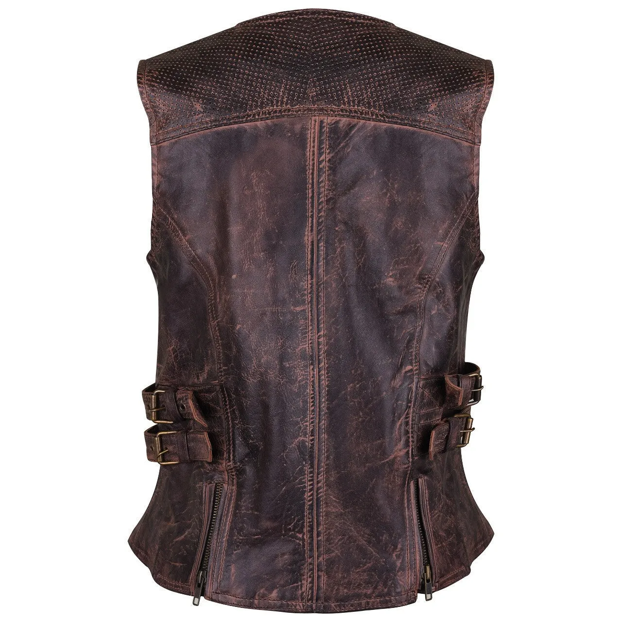 High Mileage Womens Vintage Brown Premium Cowhide Biker Motorcycle Leather Vest With Buckles