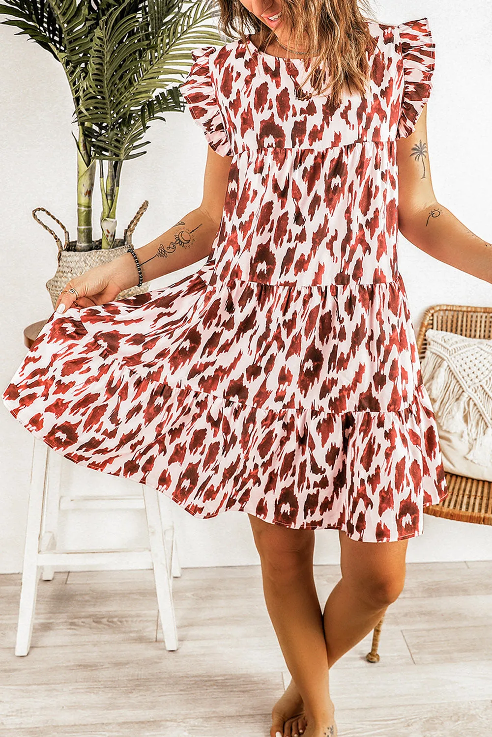 Leopard Print Ruffled Sleeves Babydoll Dress