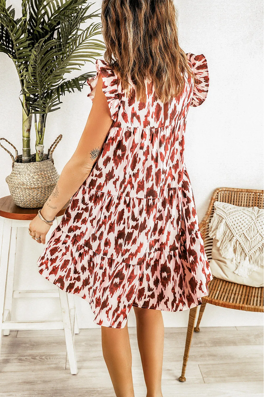 Leopard Print Ruffled Sleeves Babydoll Dress