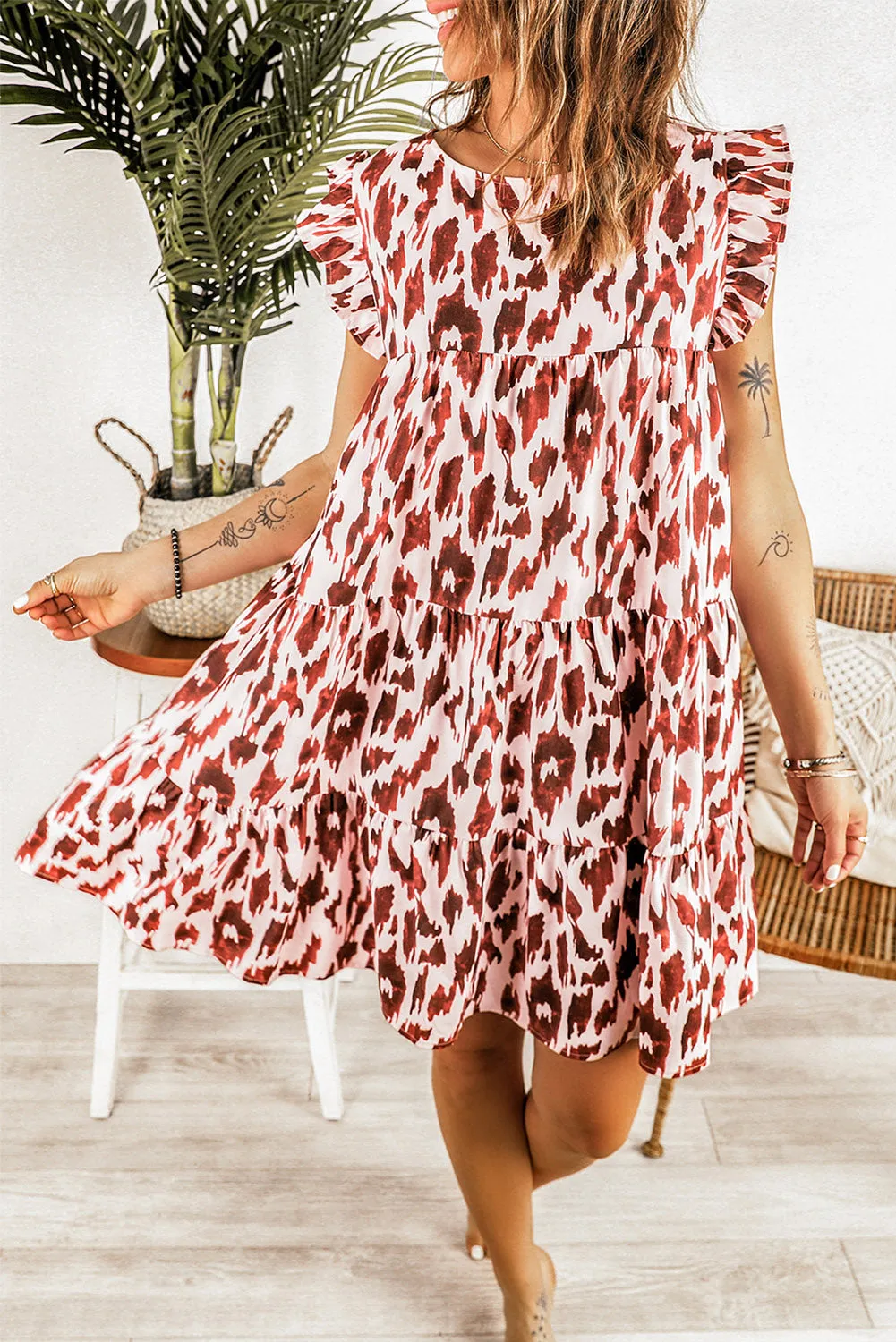 Leopard Print Ruffled Sleeves Babydoll Dress