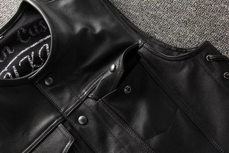 Male Genuine Leather Motorcycle Vest with Laces on Sides / Biker Slim Black Vest for Men
