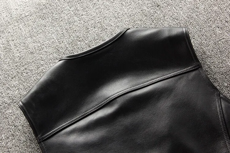 Male Genuine Leather Motorcycle Vest with Laces on Sides / Biker Slim Black Vest for Men