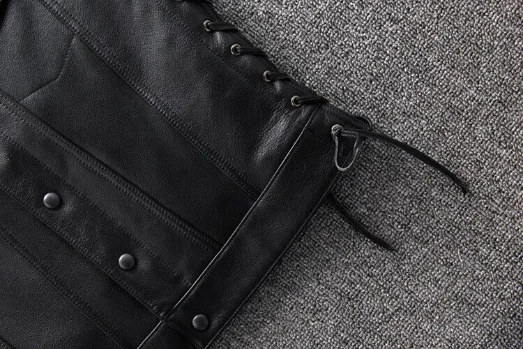 Male Genuine Leather Motorcycle Vest with Laces on Sides / Biker Slim Black Vest for Men