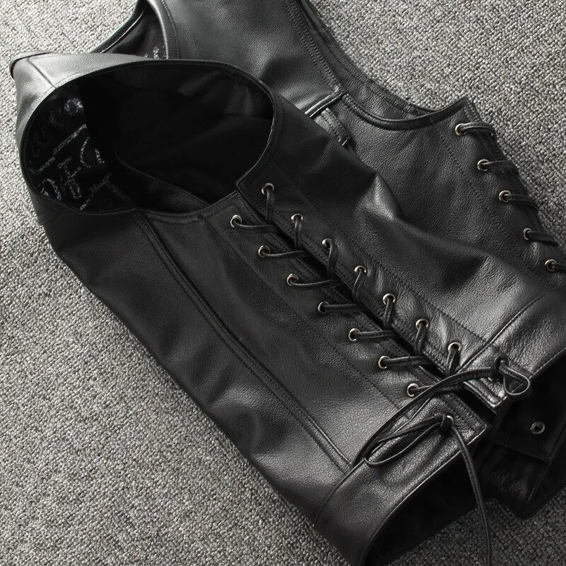 Male Genuine Leather Motorcycle Vest with Laces on Sides / Biker Slim Black Vest for Men