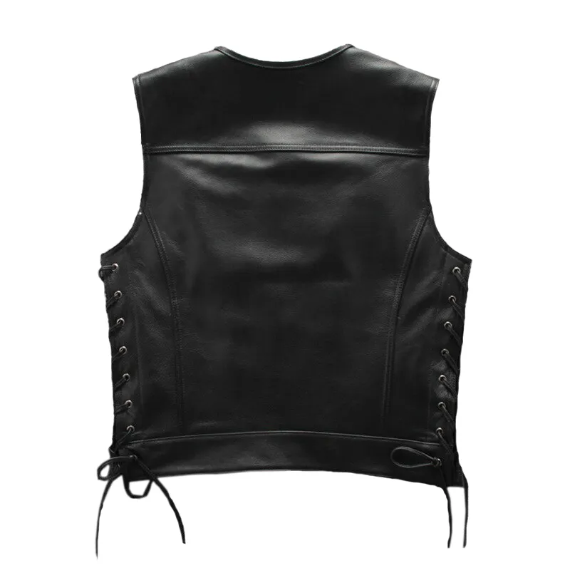 Male Genuine Leather Motorcycle Vest with Laces on Sides / Biker Slim Black Vest for Men