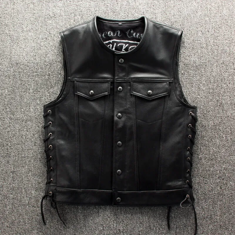 Male Genuine Leather Motorcycle Vest with Laces on Sides / Biker Slim Black Vest for Men