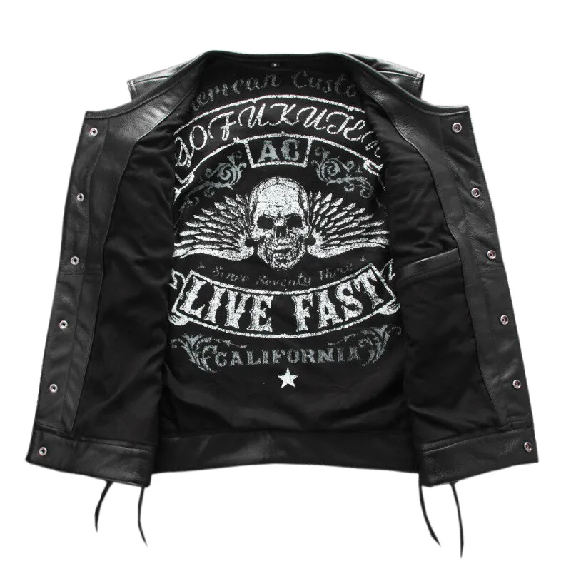 Male Genuine Leather Motorcycle Vest with Laces on Sides / Biker Slim Black Vest for Men