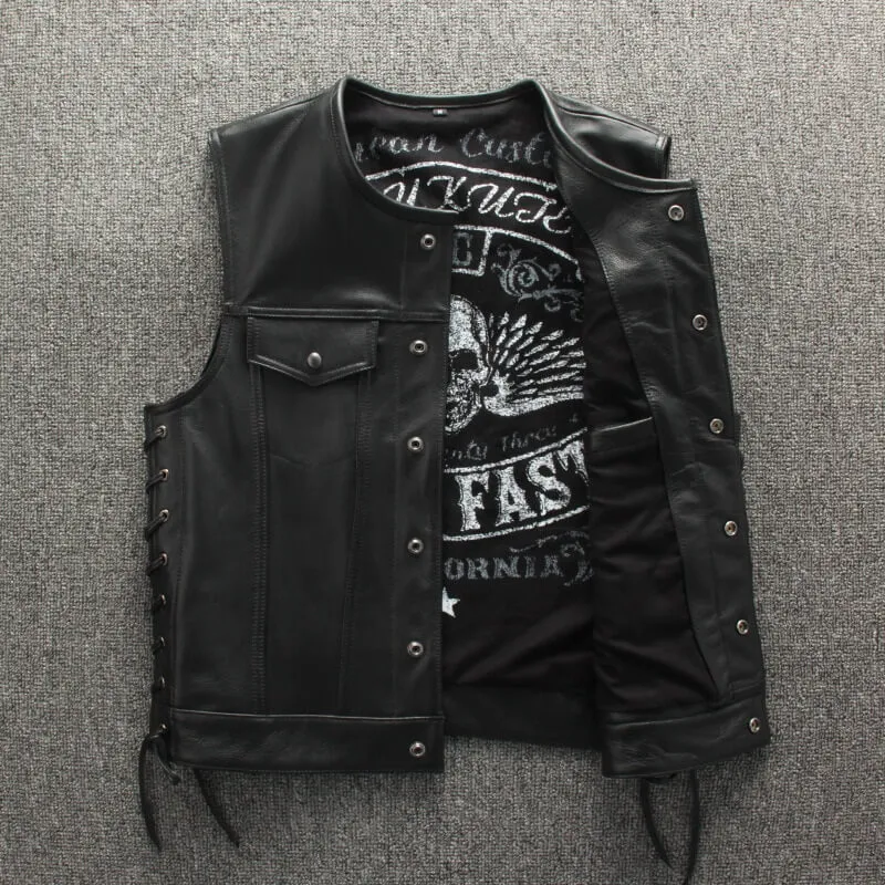 Male Genuine Leather Motorcycle Vest with Laces on Sides / Biker Slim Black Vest for Men