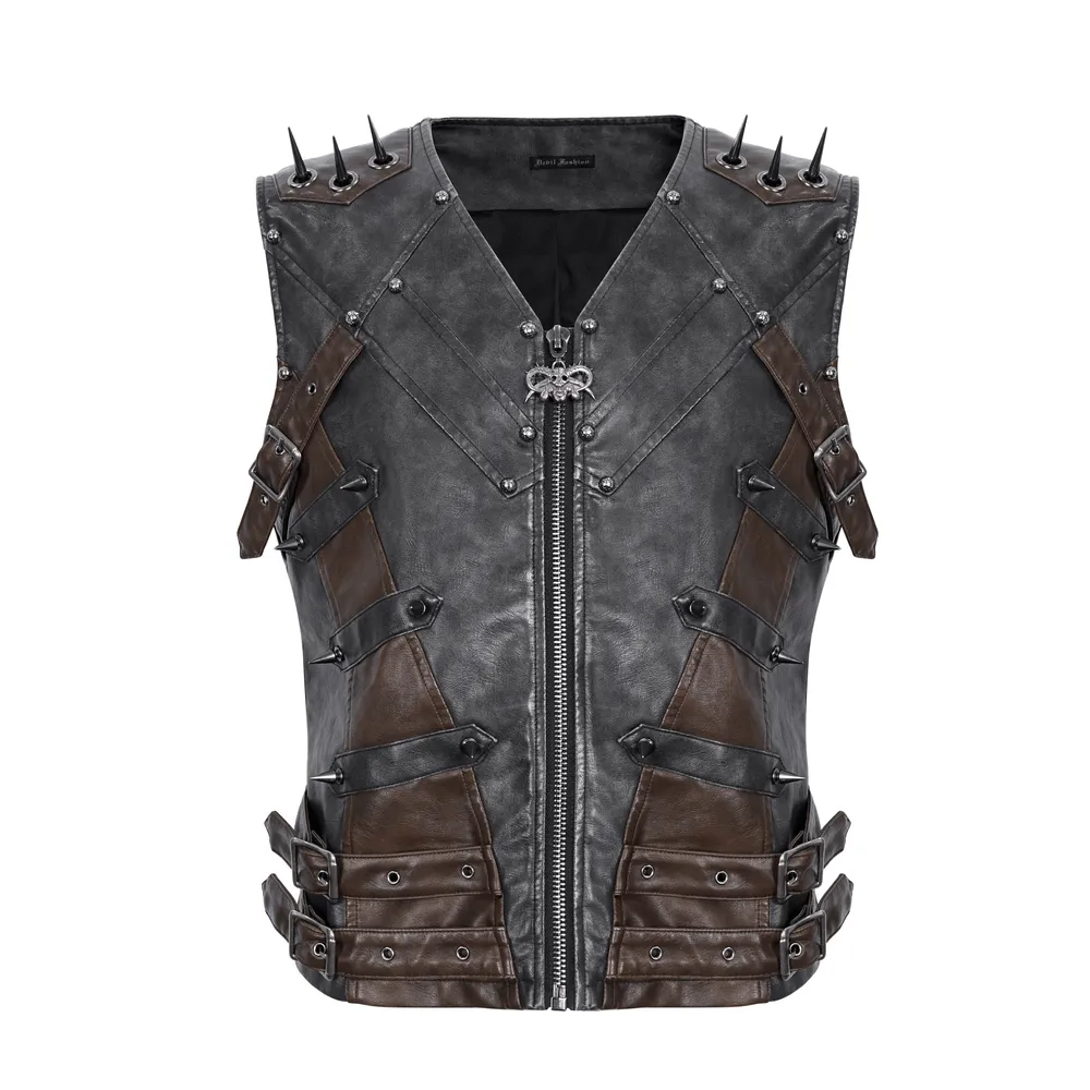 Men's Spiked Leather Biker Vest with Zipper - Edgy Style