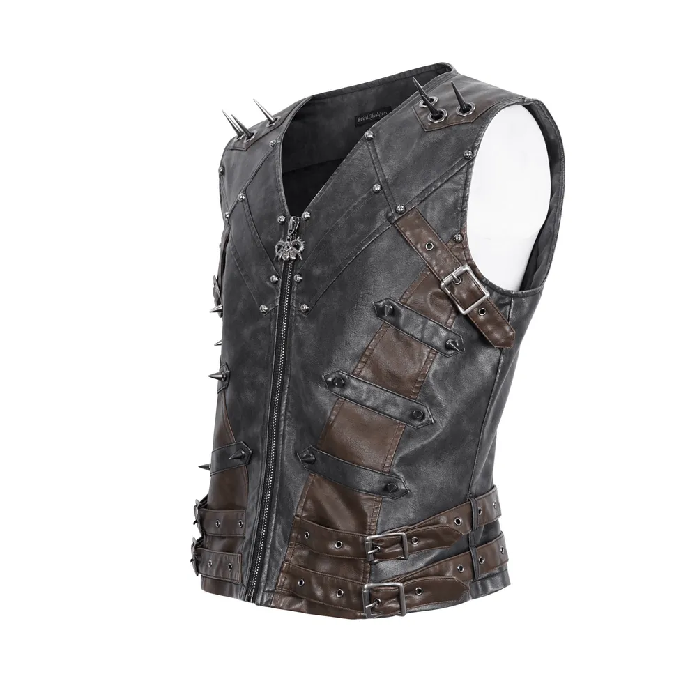 Men's Spiked Leather Biker Vest with Zipper - Edgy Style