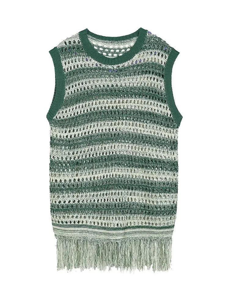 Mens Striped Fringed Knitted Vest