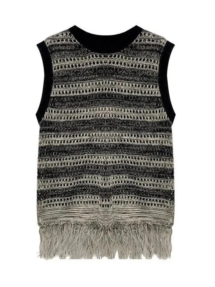 Mens Striped Fringed Knitted Vest