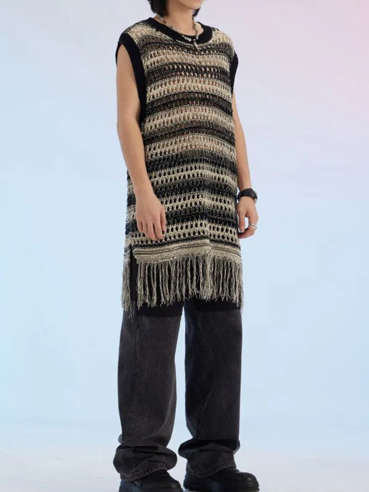 Mens Striped Fringed Knitted Vest