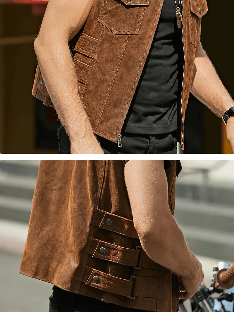 Motorcycle Men's Real Leather Vest with Zipper / Punk Male Clothes