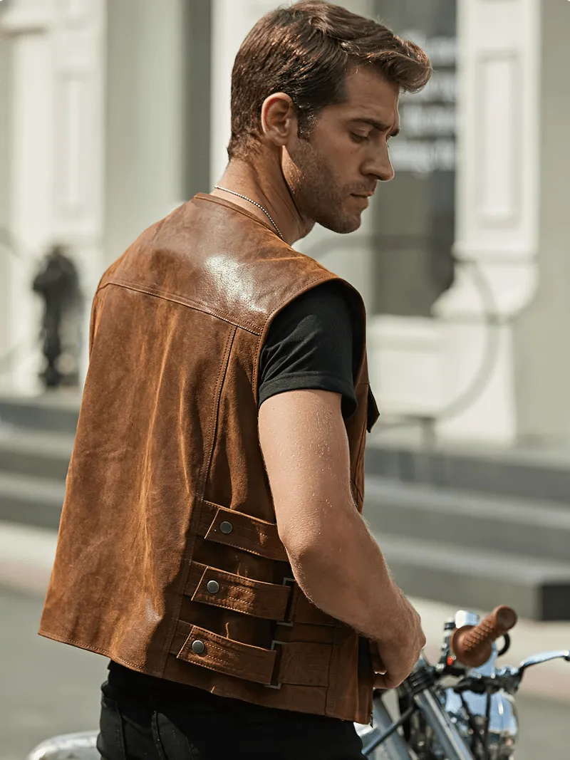 Motorcycle Men's Real Leather Vest with Zipper / Punk Male Clothes