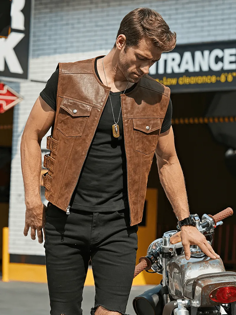 Motorcycle Men's Real Leather Vest with Zipper / Punk Male Clothes