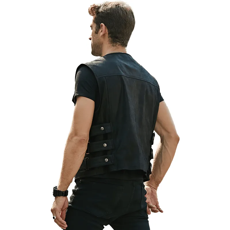 Motorcycle Men's Real Leather Vest with Zipper / Punk Male Clothes
