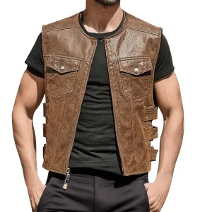 Motorcycle Men's Real Leather Vest with Zipper / Punk Male Clothes