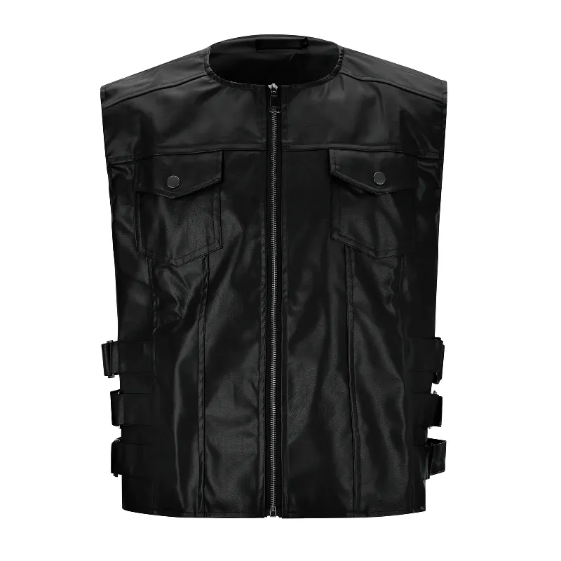 Motorcycle Men's Real Leather Vest with Zipper / Punk Male Clothes