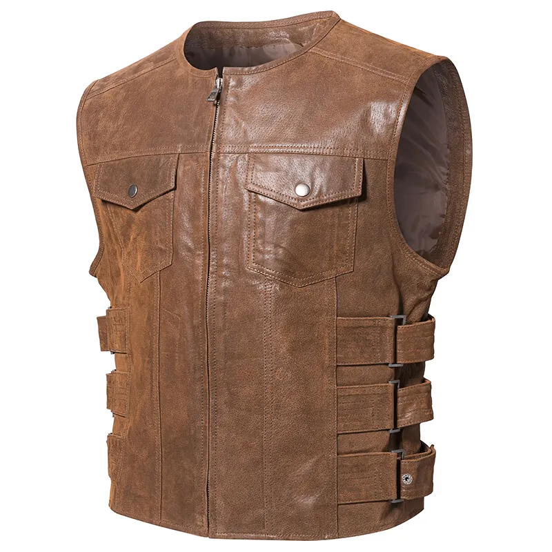 Motorcycle Men's Real Leather Vest with Zipper / Punk Male Clothes