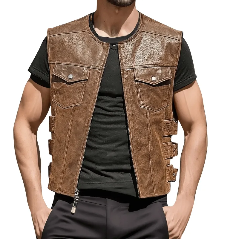 Motorcycle Men's Real Leather Vest with Zipper / Punk Male Clothes