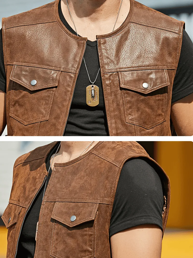 Motorcycle Men's Real Leather Vest with Zipper / Punk Male Clothes