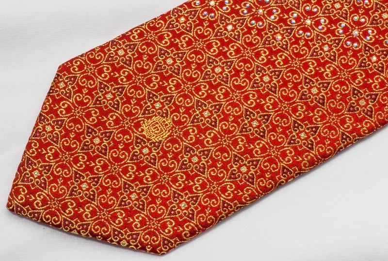 Paco Rabanne Rhinestone Necktie Golden Trellis On Red With Sparkles