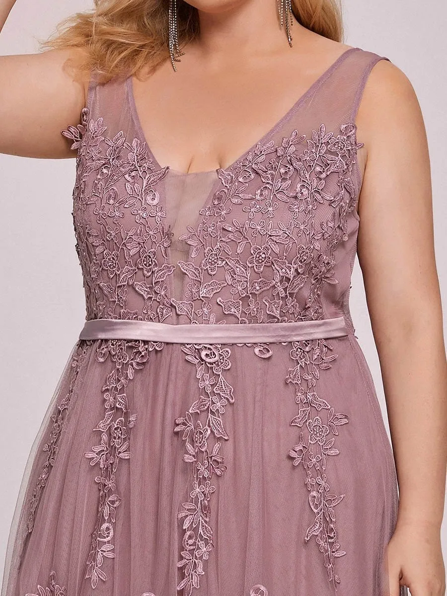 Plus Size Elegant Sleeveless Applique Flowy Tulle Evening Dress