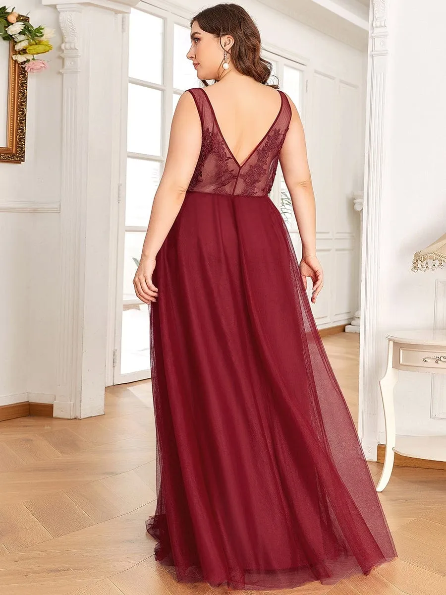Plus Size Elegant Sleeveless Applique Flowy Tulle Evening Dress