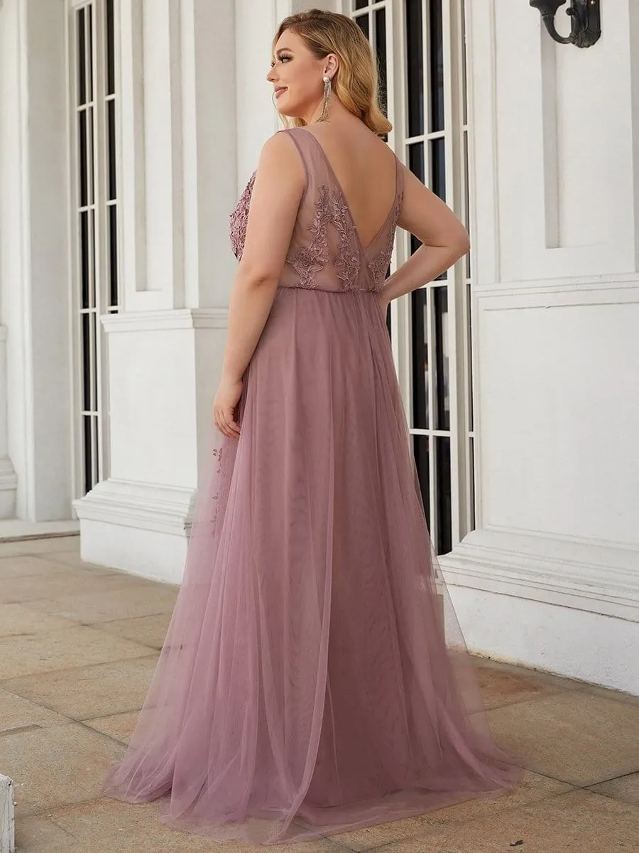 Plus Size Elegant Sleeveless Applique Flowy Tulle Evening Dress