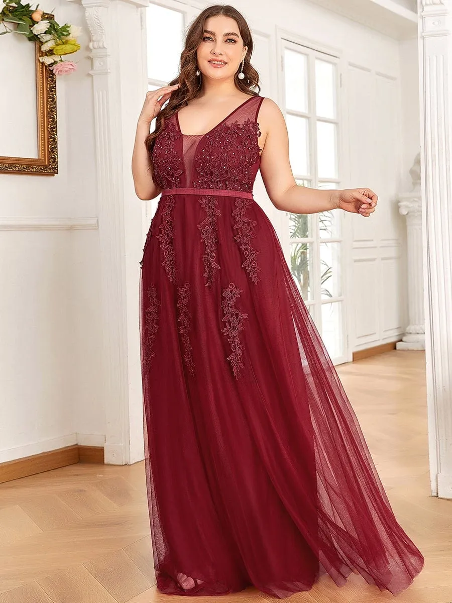Plus Size Elegant Sleeveless Applique Flowy Tulle Evening Dress