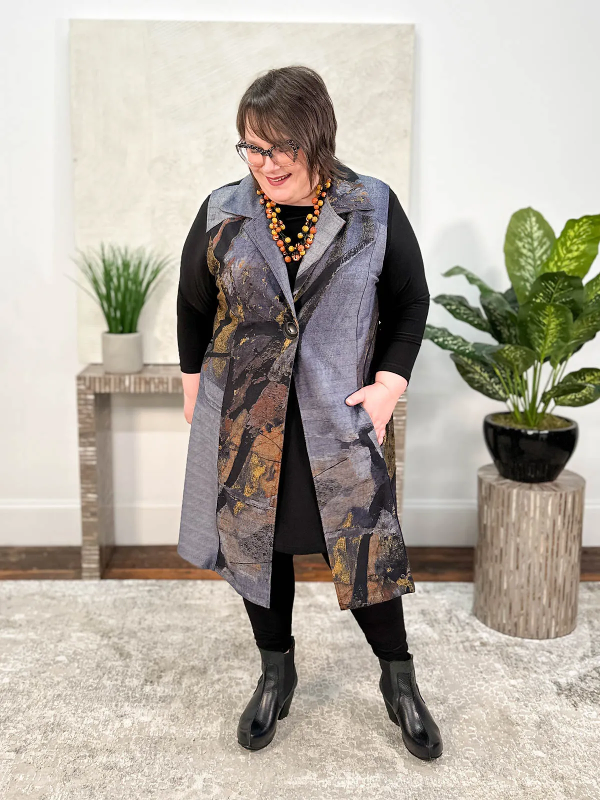 Printed Duster Vest, Grey/Mustard