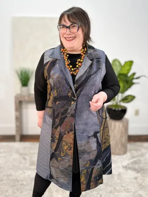 Printed Duster Vest, Grey/Mustard