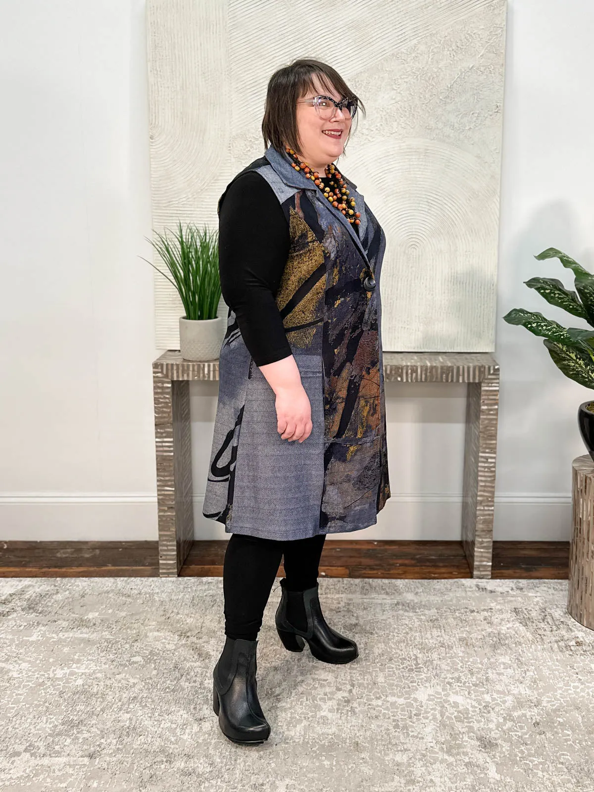 Printed Duster Vest, Grey/Mustard