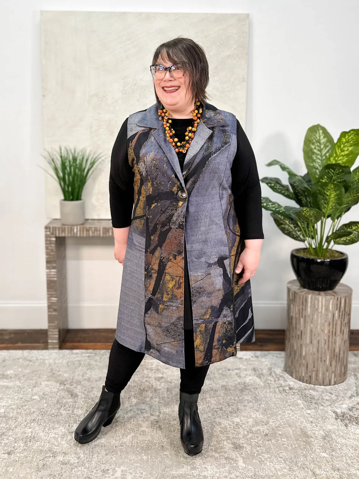 Printed Duster Vest, Grey/Mustard