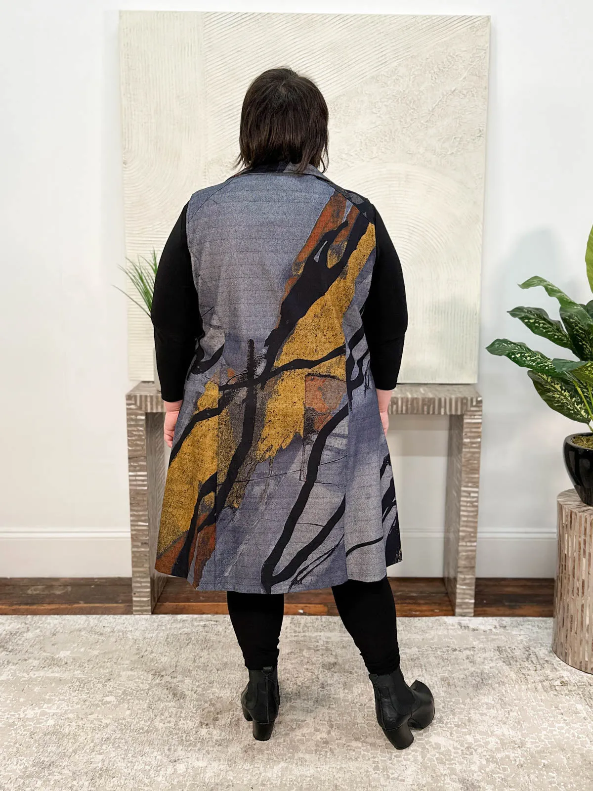 Printed Duster Vest, Grey/Mustard