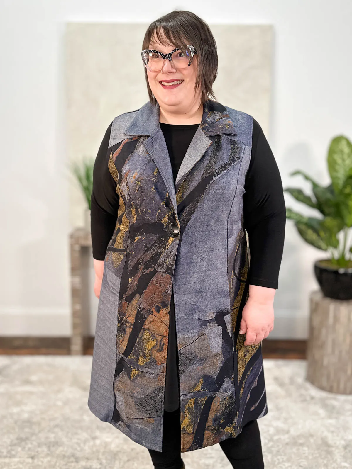 Printed Duster Vest, Grey/Mustard