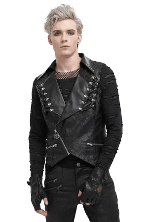 Punk Black Short Vest with Zipper Front / Men's Lapel Collar Vest With Metal Eyelets and Rings