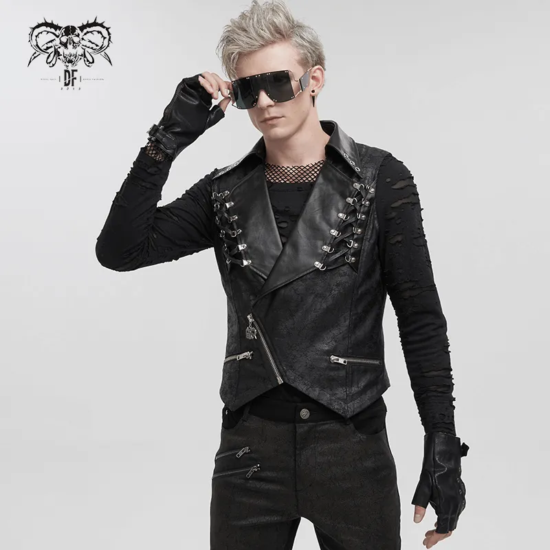 Punk Black Short Vest with Zipper Front / Men's Lapel Collar Vest With Metal Eyelets and Rings