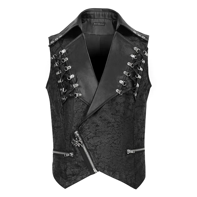 Punk Black Short Vest with Zipper Front / Men's Lapel Collar Vest With Metal Eyelets and Rings