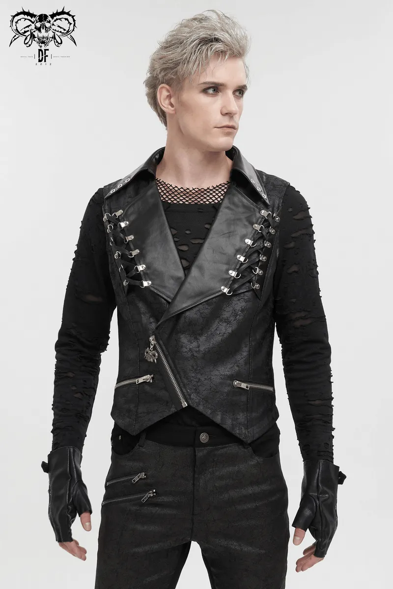 Punk Black Short Vest with Zipper Front / Men's Lapel Collar Vest With Metal Eyelets and Rings