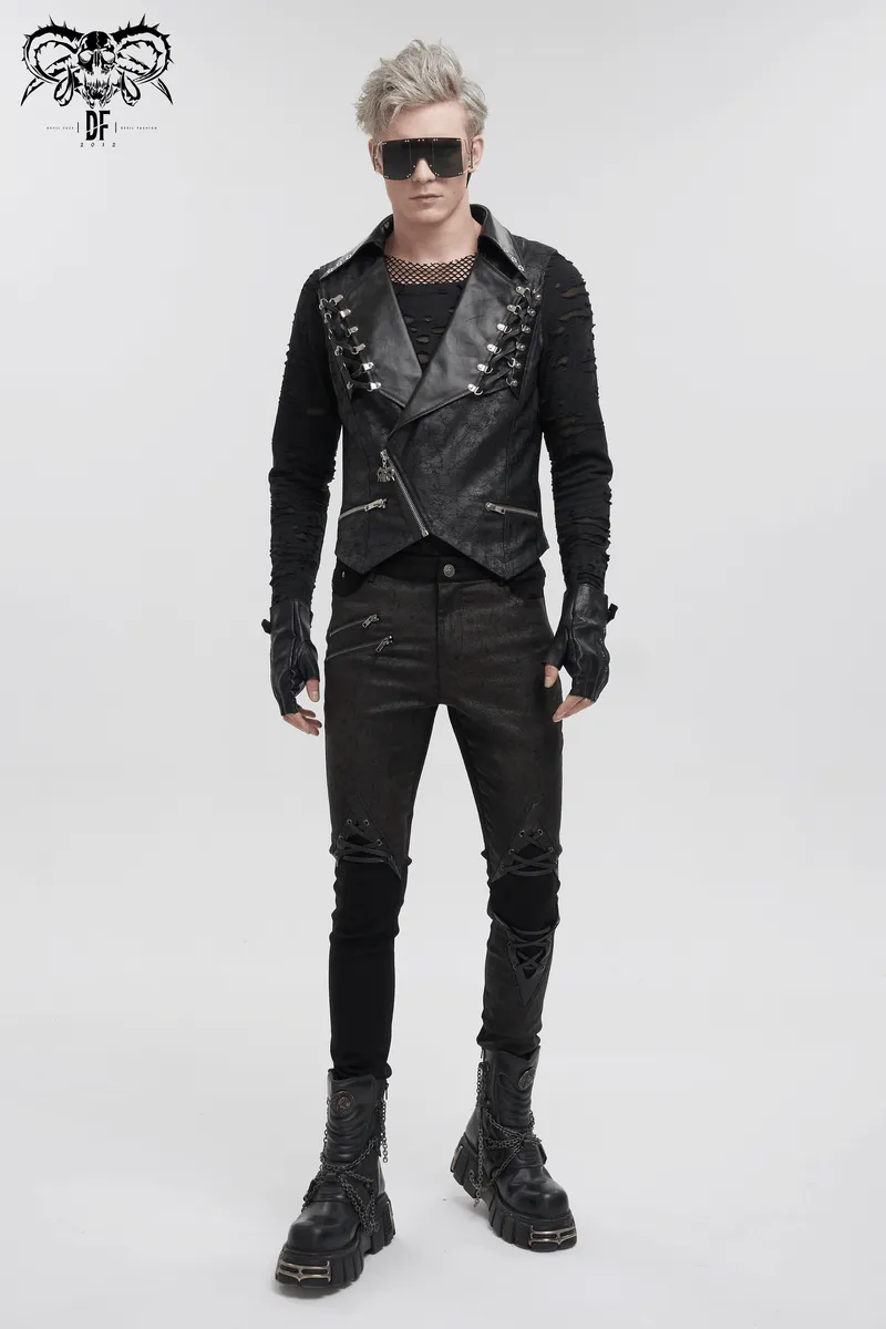 Punk Black Short Vest with Zipper Front / Men's Lapel Collar Vest With Metal Eyelets and Rings
