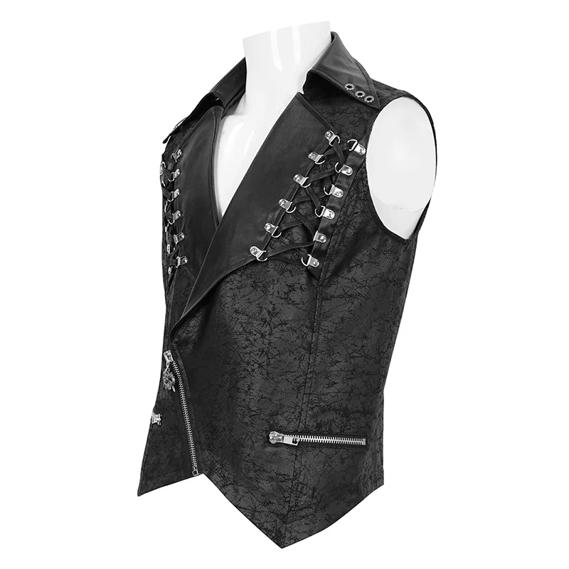 Punk Black Short Vest with Zipper Front / Men's Lapel Collar Vest With Metal Eyelets and Rings