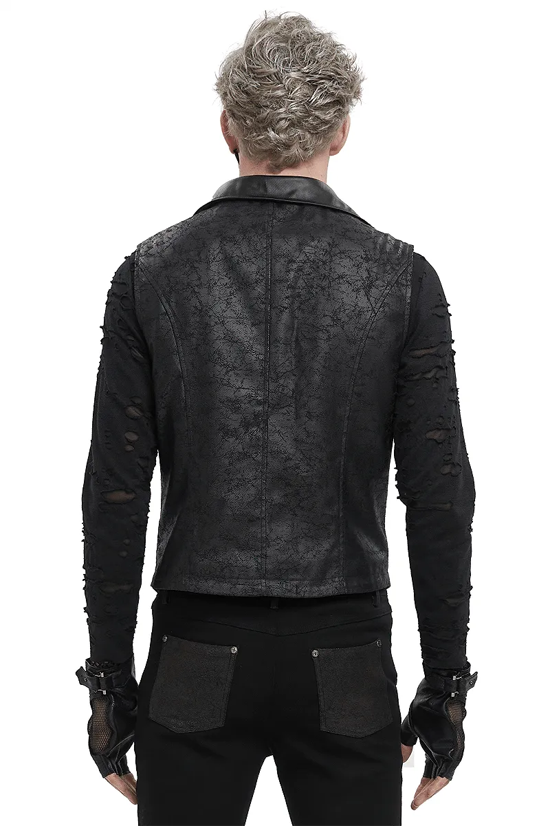 Punk Black Short Vest with Zipper Front / Men's Lapel Collar Vest With Metal Eyelets and Rings