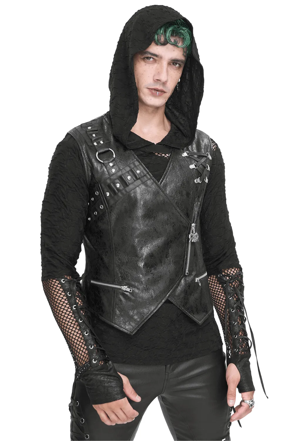 Punk Zipper Asymmetric Faux Leather Waistcoat With Eyelets