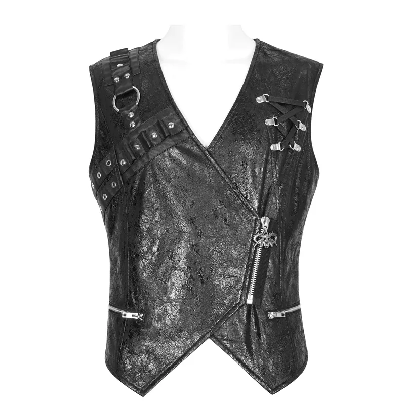 Punk Zipper Asymmetric Faux Leather Waistcoat With Eyelets
