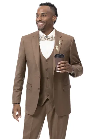 "Rust Brown Sharkskin Business Suit - Modern Fit Two Button Vested for Men"
