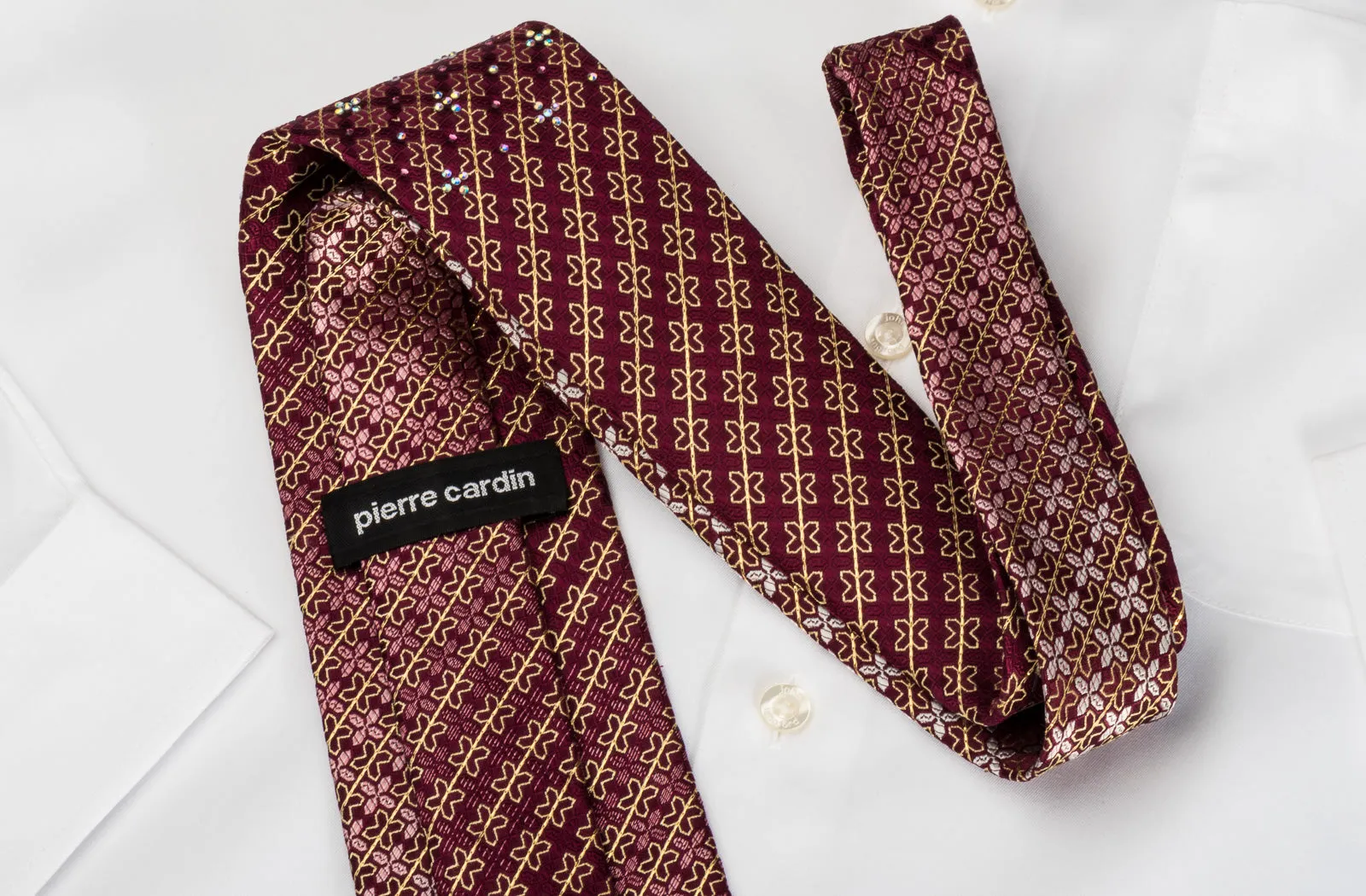 Rhinestone Silk Necktie Gold Stripes & Crosses On Burgundy With Gold Sparkles
