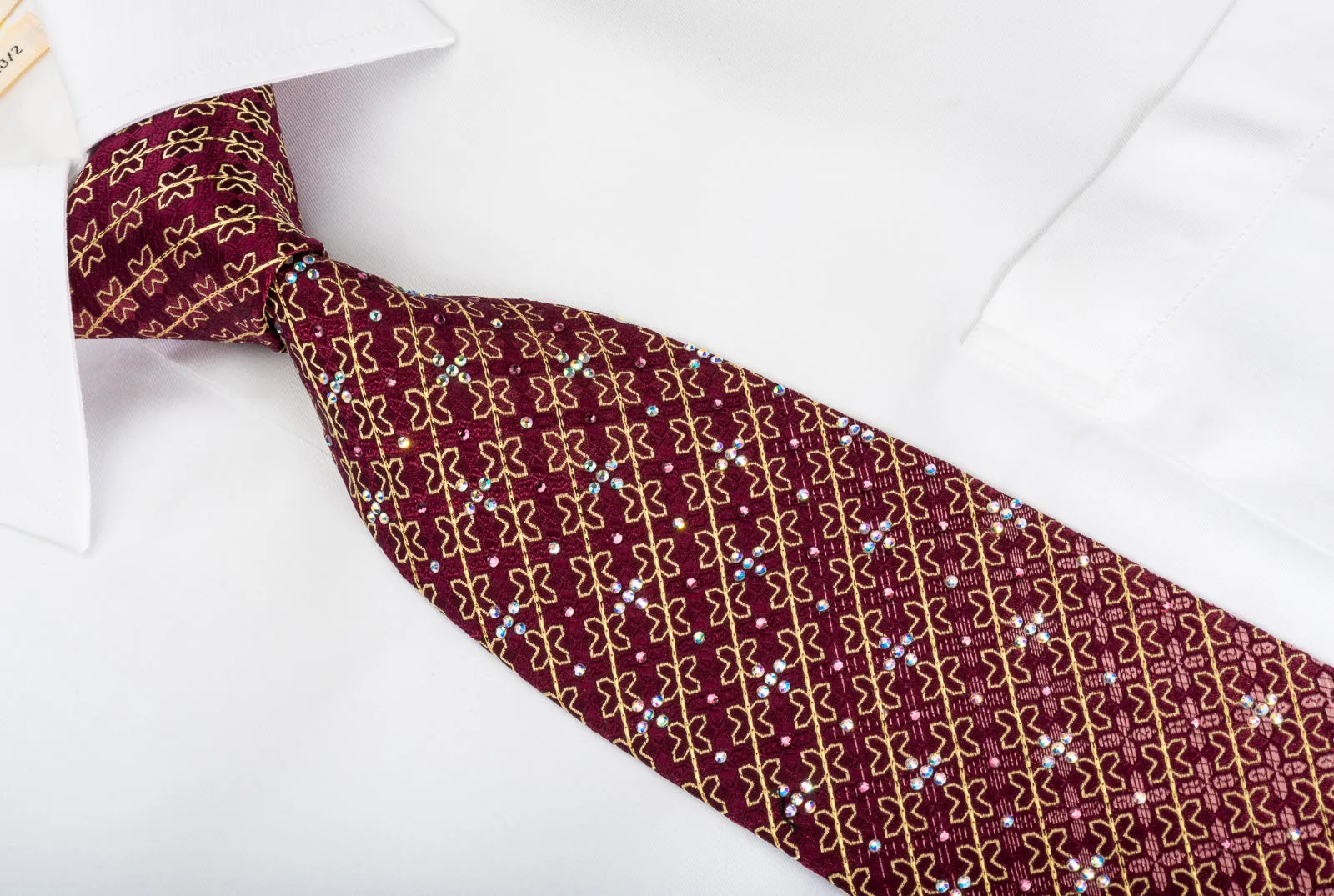 Rhinestone Silk Necktie Gold Stripes & Crosses On Burgundy With Gold Sparkles